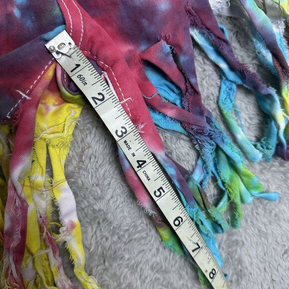 Womens‎ Tie Dye Fringe Shorts Size M Festival Boho Y2K Grunge Rainbow Denim Fun - Picture 10 of 10